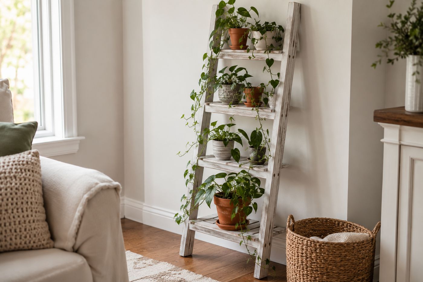 A whitewashed cedar slatted plant ladder leaning against a living room wall, holding several potted plants on its rungs