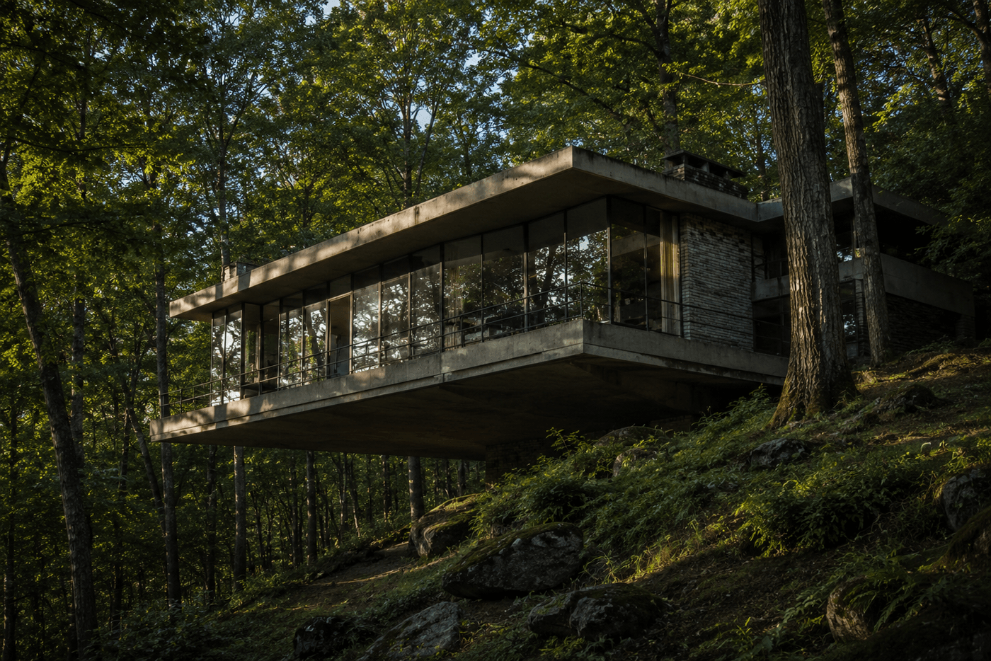 A private wooded hillside setting in Pittsburgh's Fox Chapel area, with mature trees and natural Pennsylvania landscape