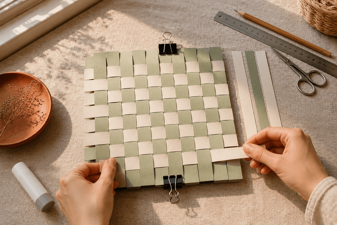 Hands mid-weave on a paper loom showing a nearly complete checkerboard pattern in sage green and cream cardstock strips, with scissors, a ruler, and a few remaining unweaved strips arranged neatly on a linen work surface beside the piece