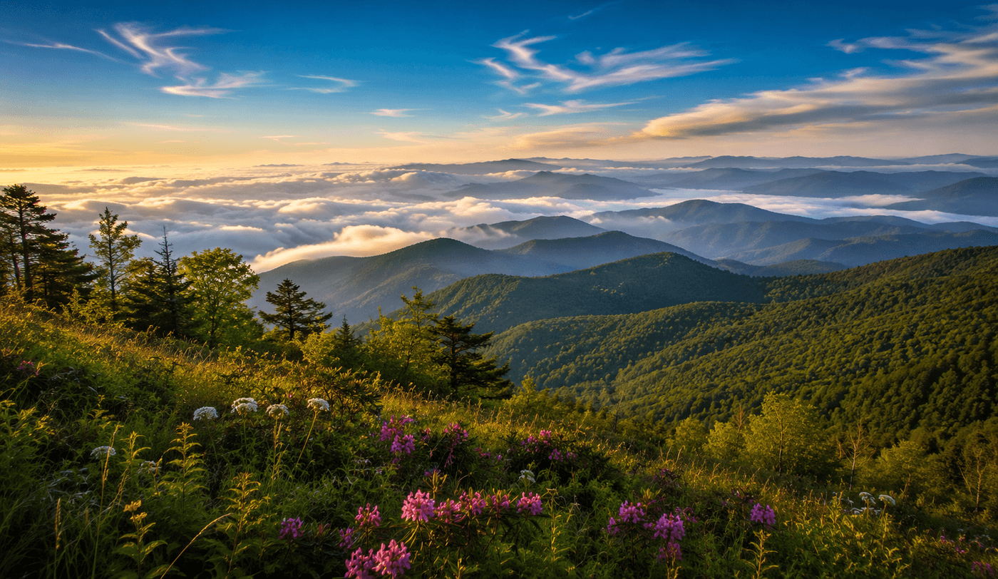 Sweeping panoramic views of the Blue Ridge Mountains above Asheville, North Carolina at sunrise