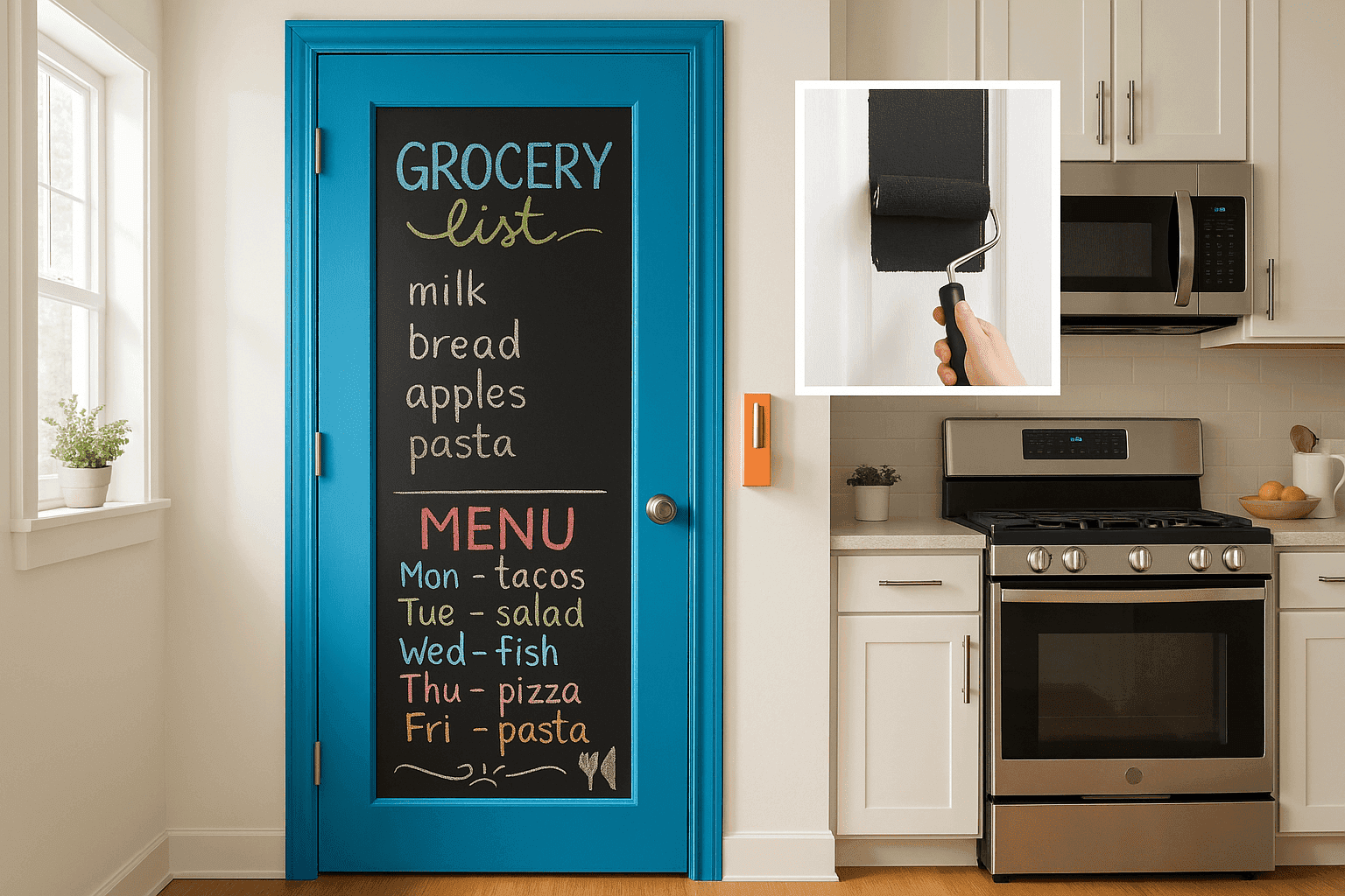 Kitchen pantry door painted with chalkboard paint featuring grocery list and family messages