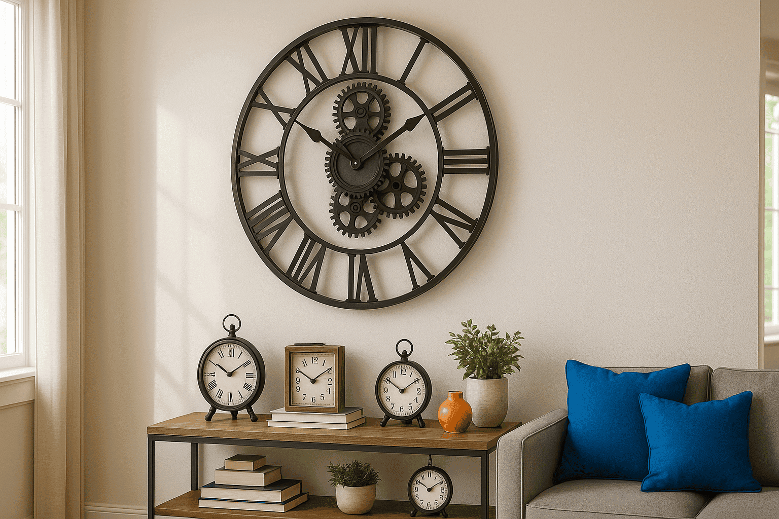 Living room wall featuring an oversized vintage clock as a statement piece