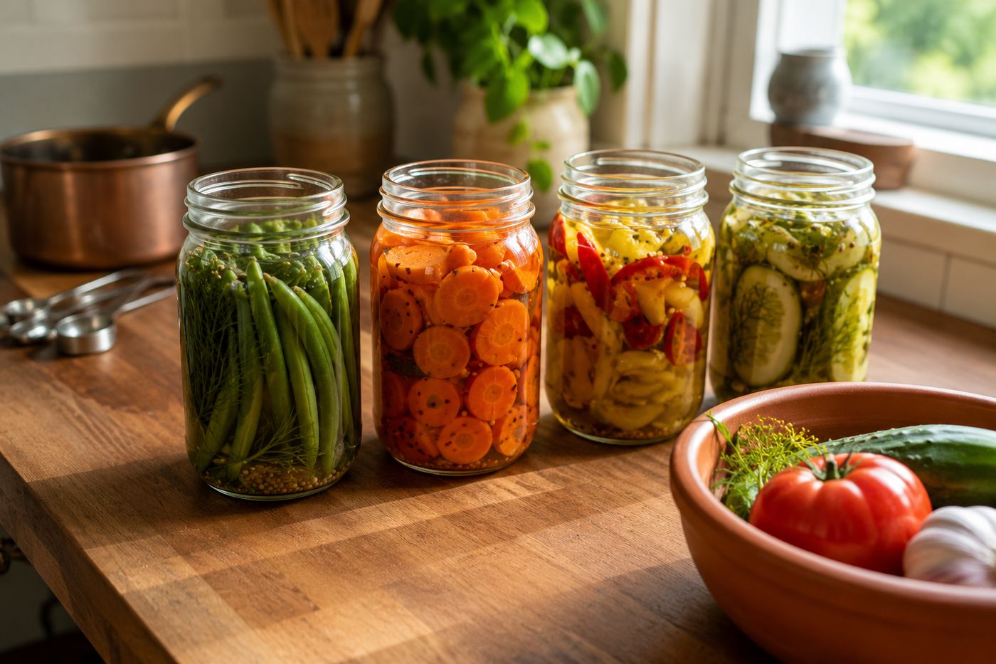Four jars of colorful refrigerator pickled vegetables including dilly beans, spicy carrots, and bread-and-butter peppers, on a kitchen counter
