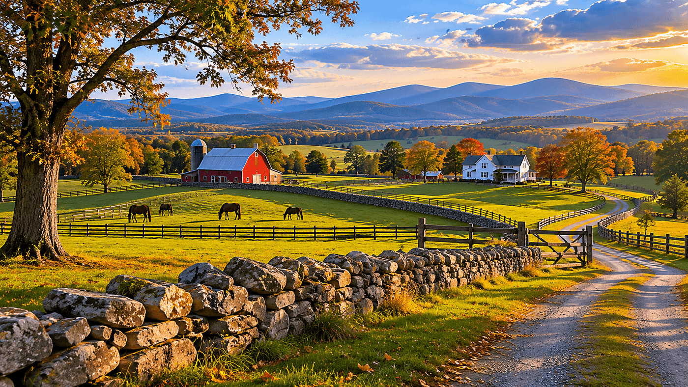 The Blue Ridge foothills of Loudoun County, Virginia, with rolling pastures, stone walls, and the Appalachian ridgeline visible in the distance near Round Hill.