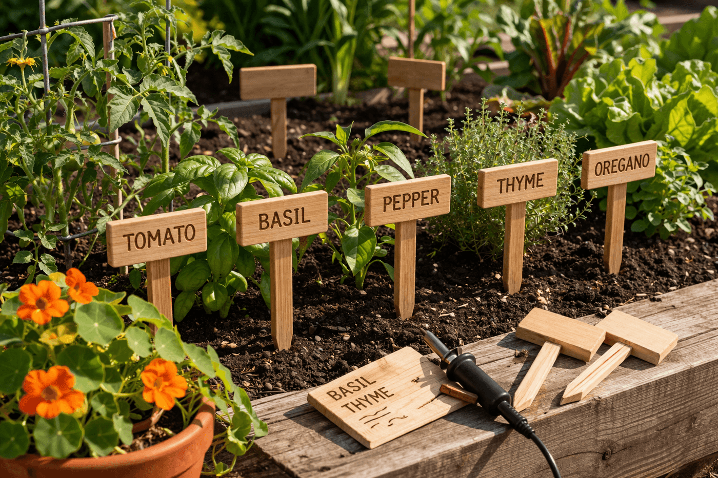 Handmade wooden garden markers with wood-burned plant names standing in a vegetable garden bed among young seedlings, showing tomato, basil, and pepper markers in natural cedar wood