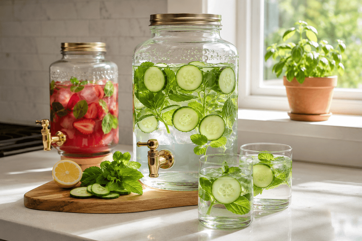 A glass drink dispenser filled with cucumber mint infused water on a bright kitchen counter beside a cutting board with fresh sliced cucumber and mint sprigs, with filled glasses nearby