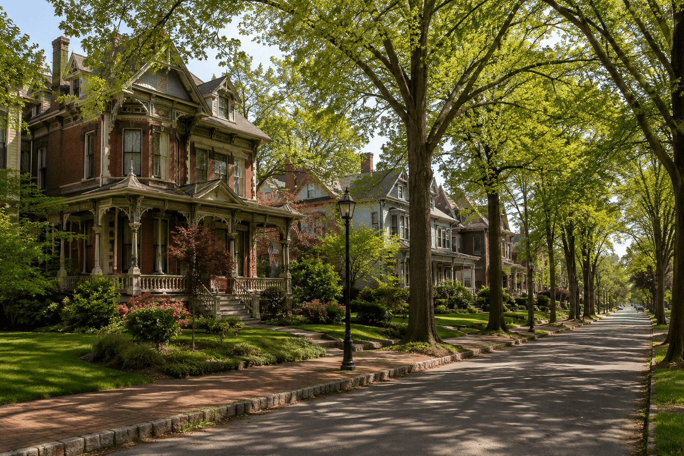 A tree-lined street in Bellevue Park, a historic residential neighborhood in Harrisburg, Pennsylvania, with late 19th century Victorian homes set back on generous lots.