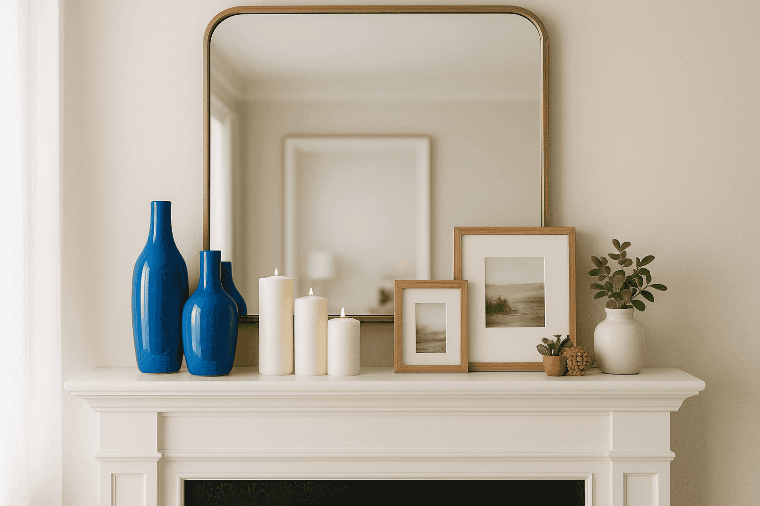 Beautifully styled mantel with layered decor