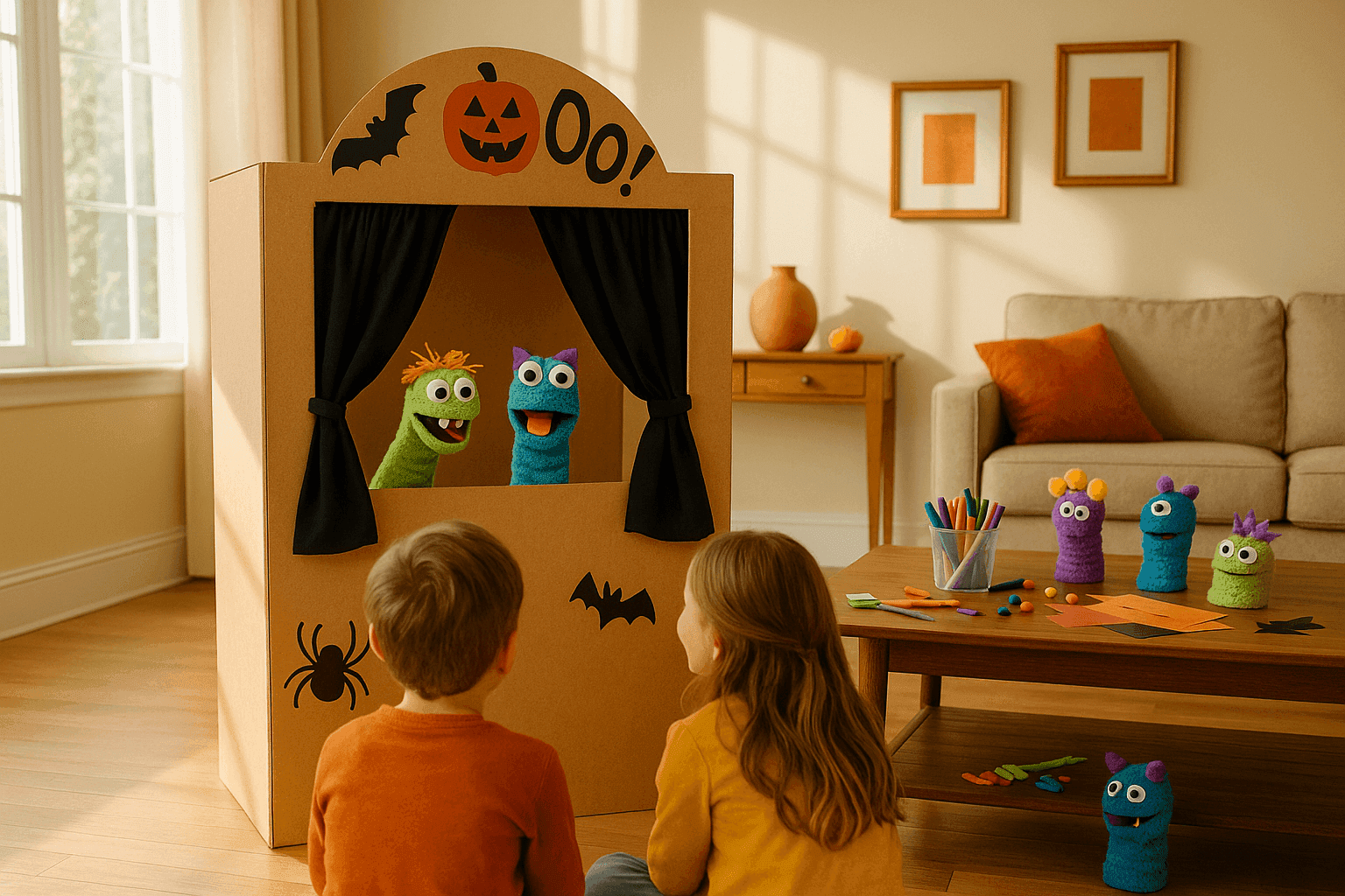 Homemade cardboard puppet theater with black curtains and spooky decorations, featuring monster puppets on stage with children watching