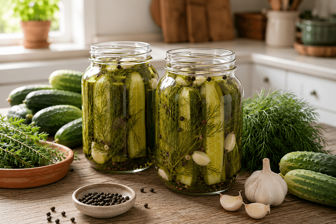 Two mason jars of homemade refrigerator pickles with visible garlic cloves, fresh dill sprigs, and peppercorns through the glass, surrounded by fresh garden cucumbers, a garlic bulb, and fresh dill on a wooden kitchen counter