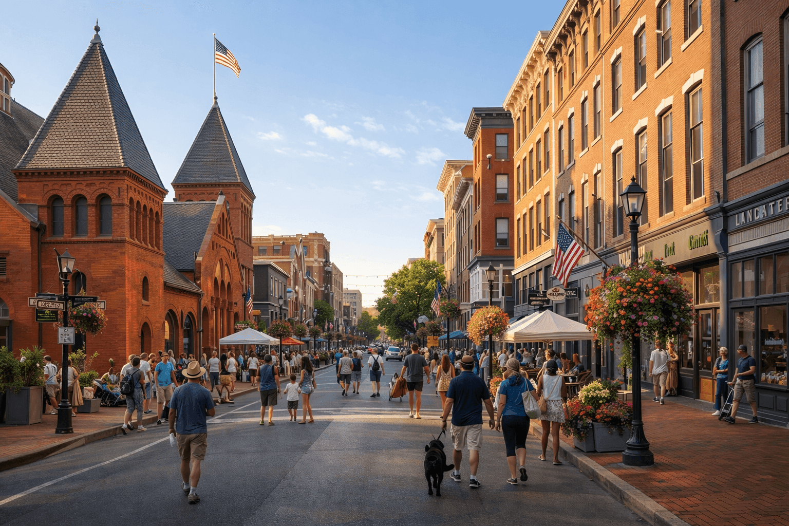 The downtown Lancaster, Pennsylvania streetscape near Central Market, with historic brick buildings and a vibrant pedestrian environment.