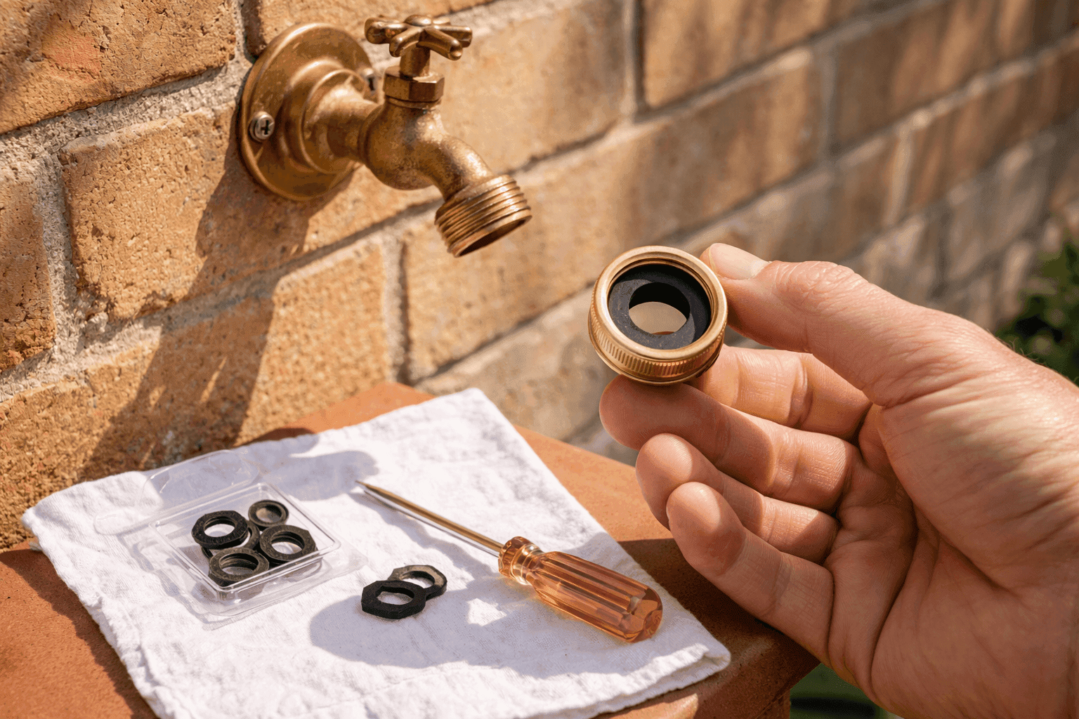 Close-up of garden hose brass fitting being reattached to an outdoor spigot with a new rubber washer visible inside the fitting on a bright sunny day