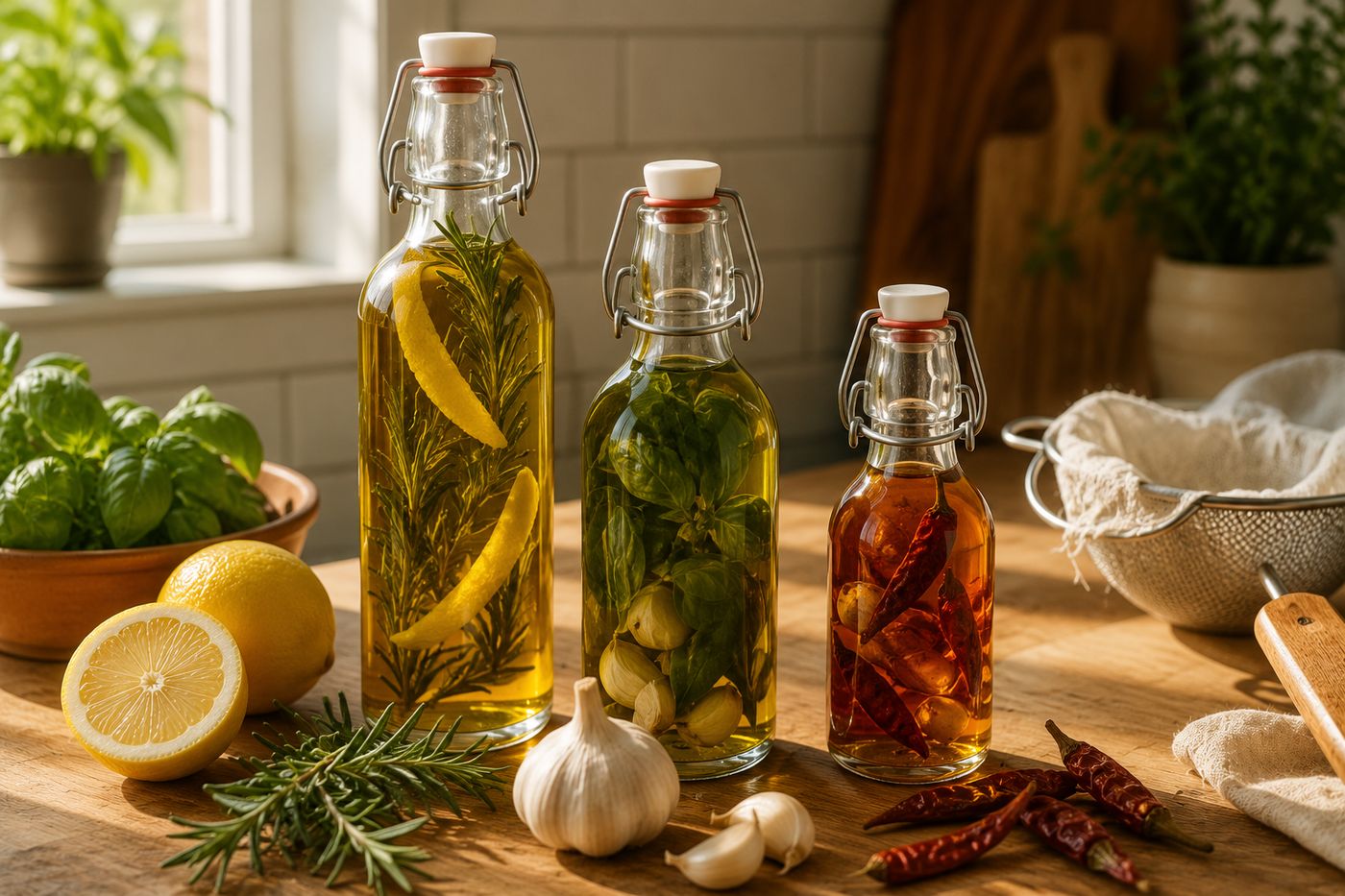 Three decorative glass bottles of herb-infused olive oil on a wooden kitchen counter — rosemary and lemon, basil and garlic, and chili garlic — with fresh herb sprigs, a garlic bulb, and dried chilies arranged as props beside them