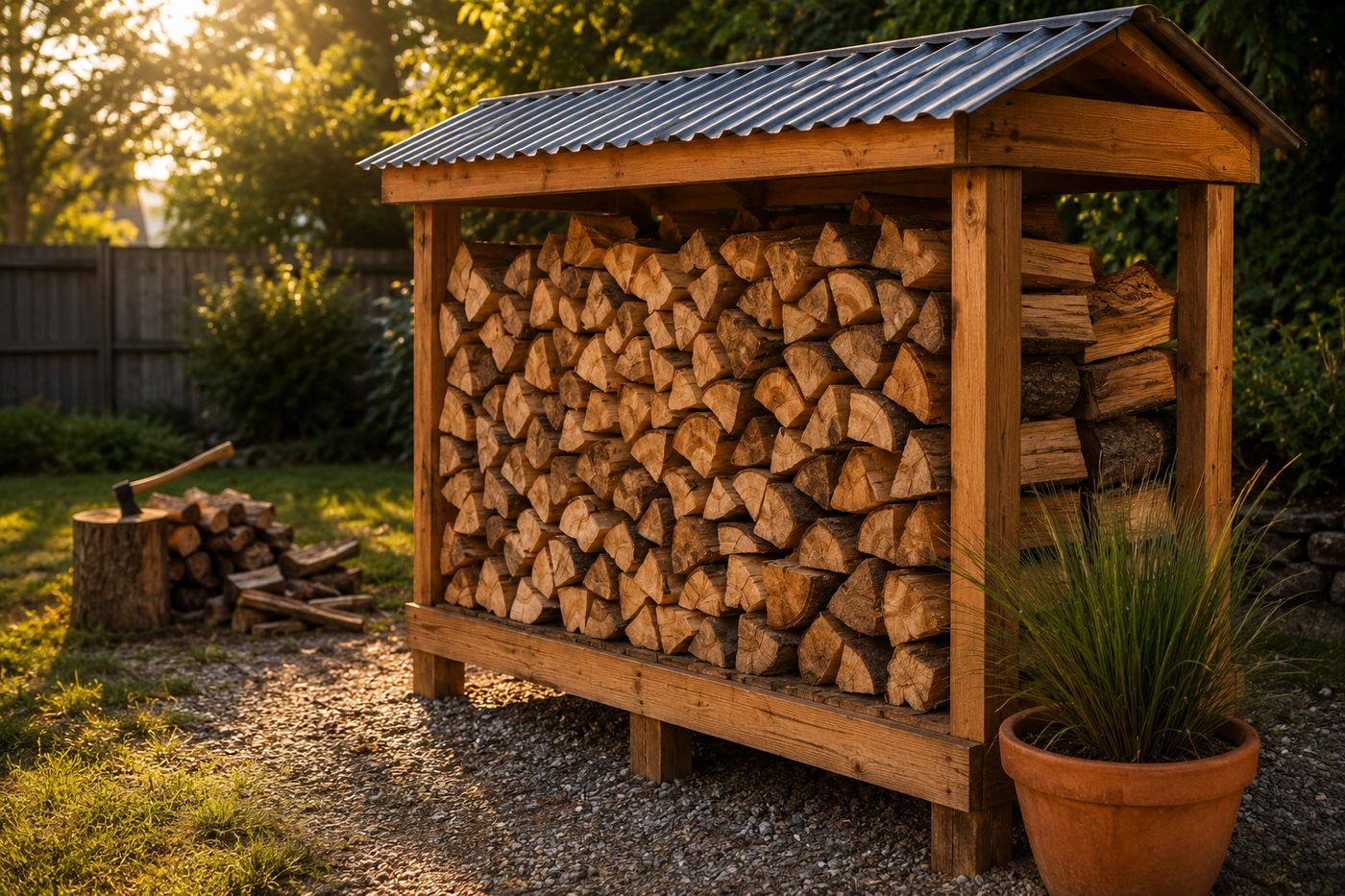 Freestanding wooden firewood storage rack with a slatted elevated base and lean-to metal roof, stacked full of seasoned firewood in a backyard