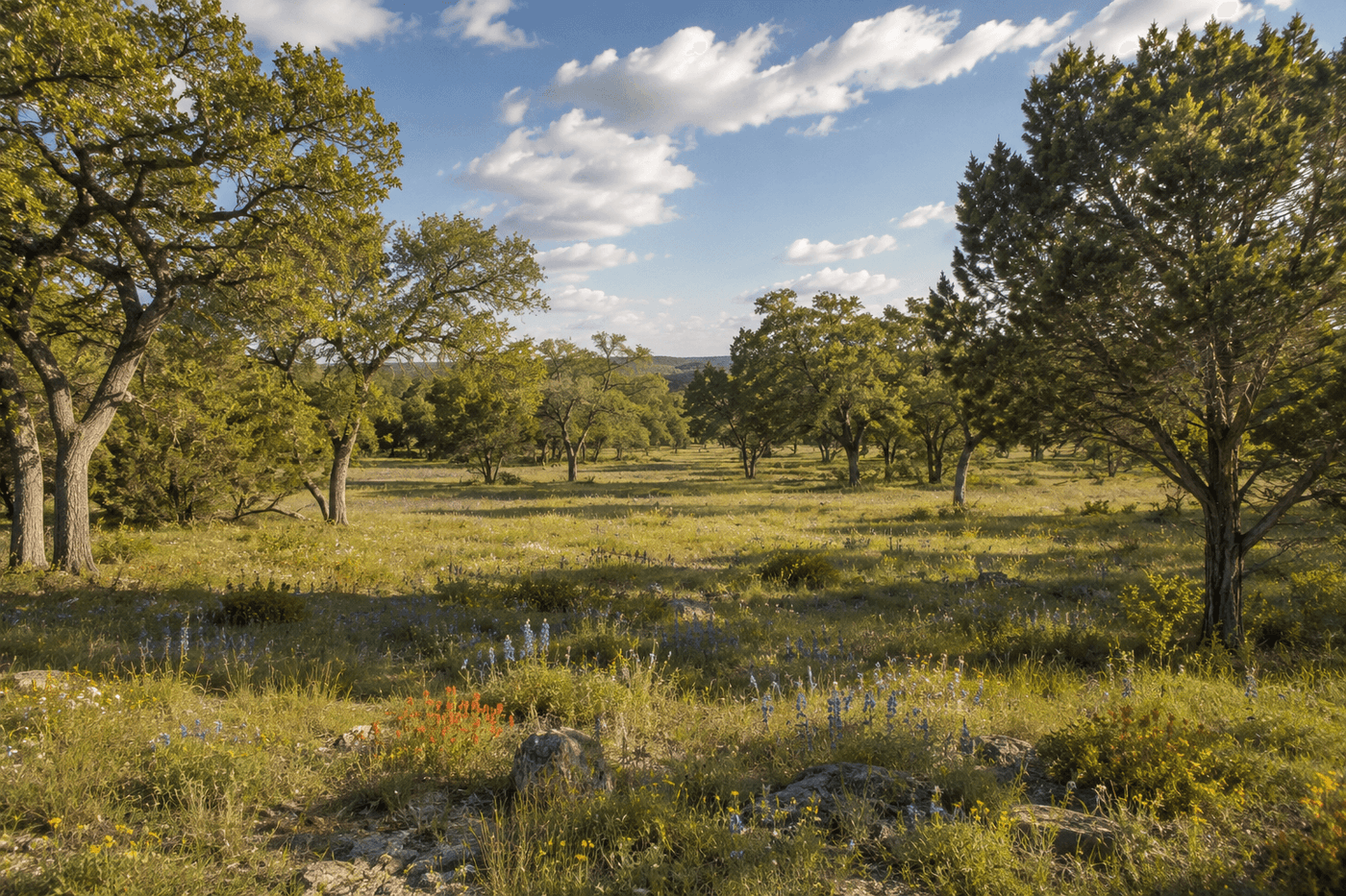 Rolling Texas Hill Country landscape near Wimberley with cedar trees and open land under a wide blue sky