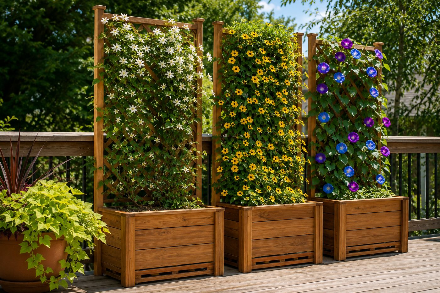 Cedar planter box with integrated lattice trellis back fully covered in climbing black-eyed Susan vine from the soil surface to the top of the four-foot frame, positioned on a deck railing beside two similar planters creating a lush green backdrop