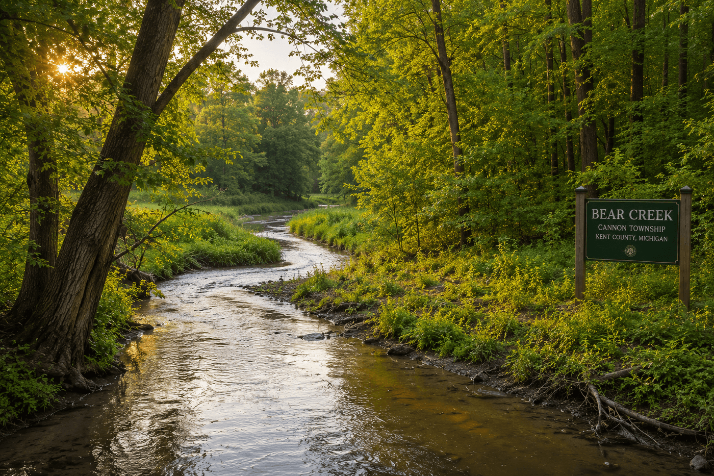 Bear Creek winding through the wooded landscape of Cannon Township in Kent County, Michigan, near the confluence with the Grand River north of Grand Rapids.