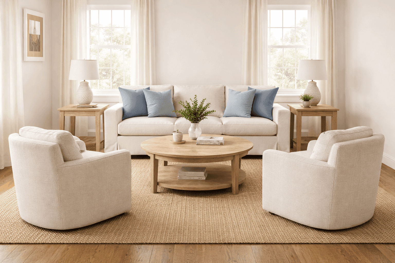 Well-arranged living room with sofa floated away from walls, conversation grouping with chairs, and defined rug anchoring the space