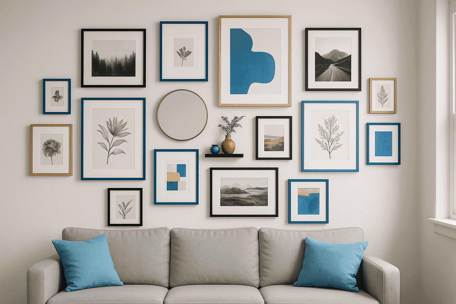 Beautifully arranged gallery wall with various sized frames and art pieces