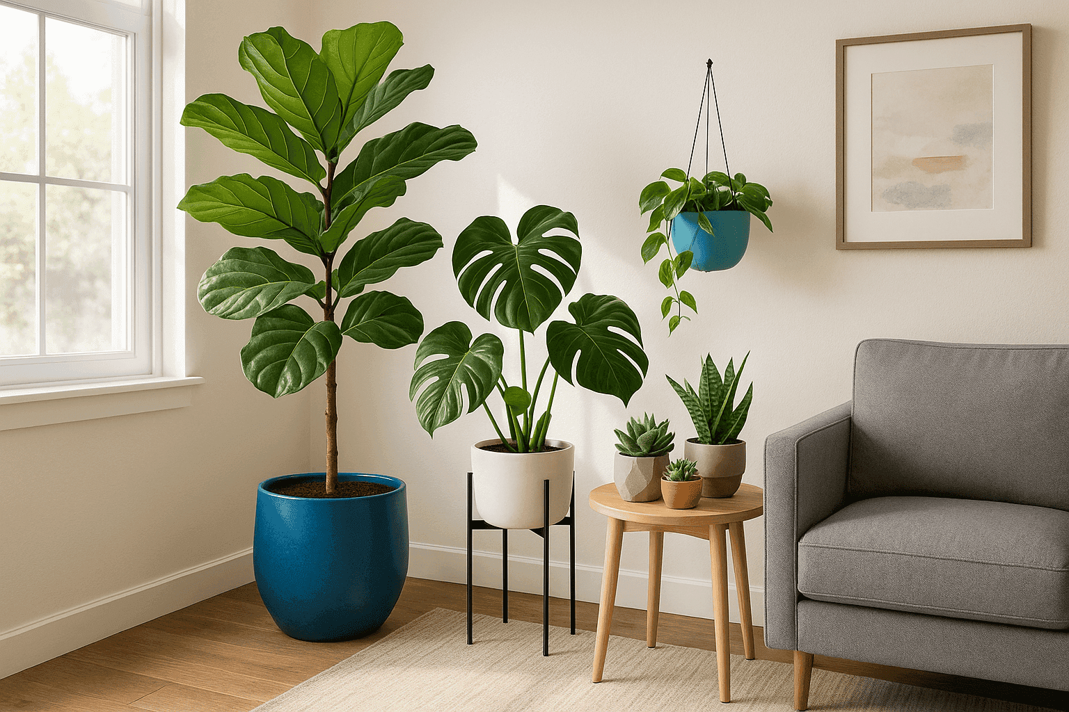 Bright living room corner with stylishly arranged indoor plants in various decorative planters