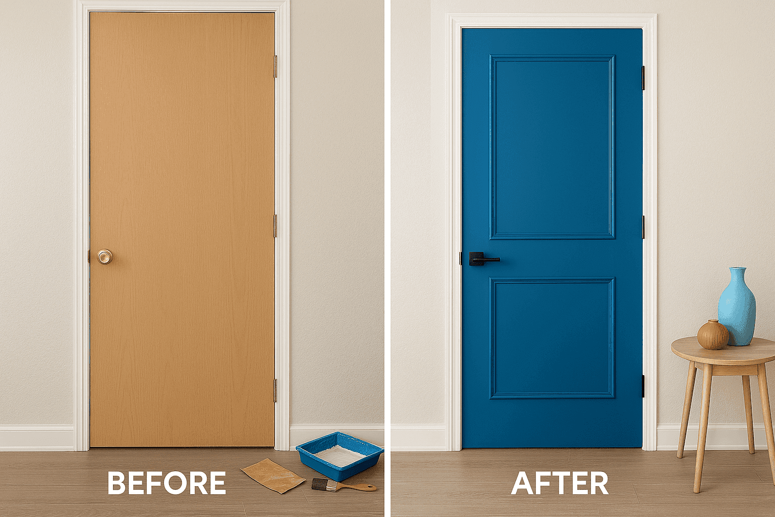 Before and after of refinished interior door with new hardware