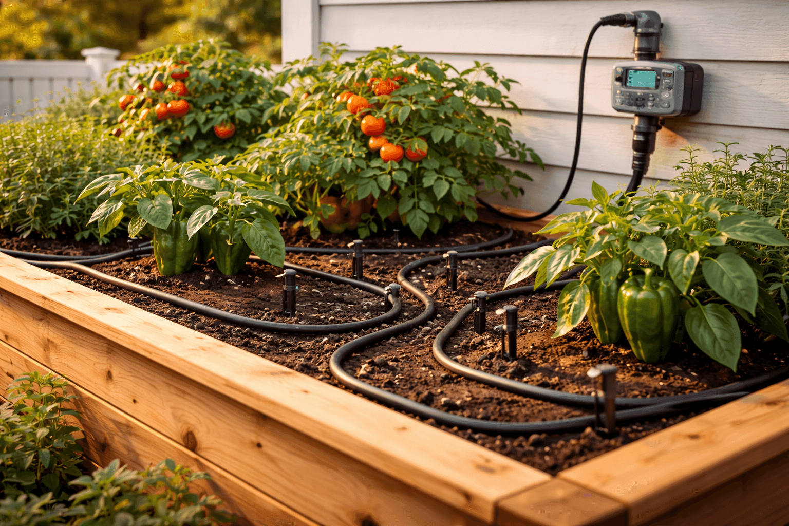 Drip irrigation tubing installed at base of vegetable garden plants with timer attached to outdoor spigot