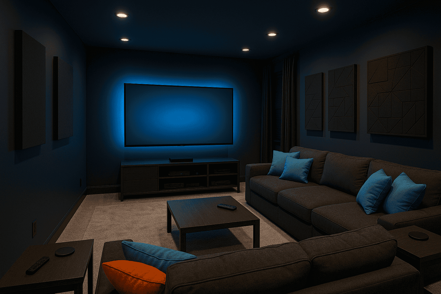 Modern home media room with comfortable seating and large screen