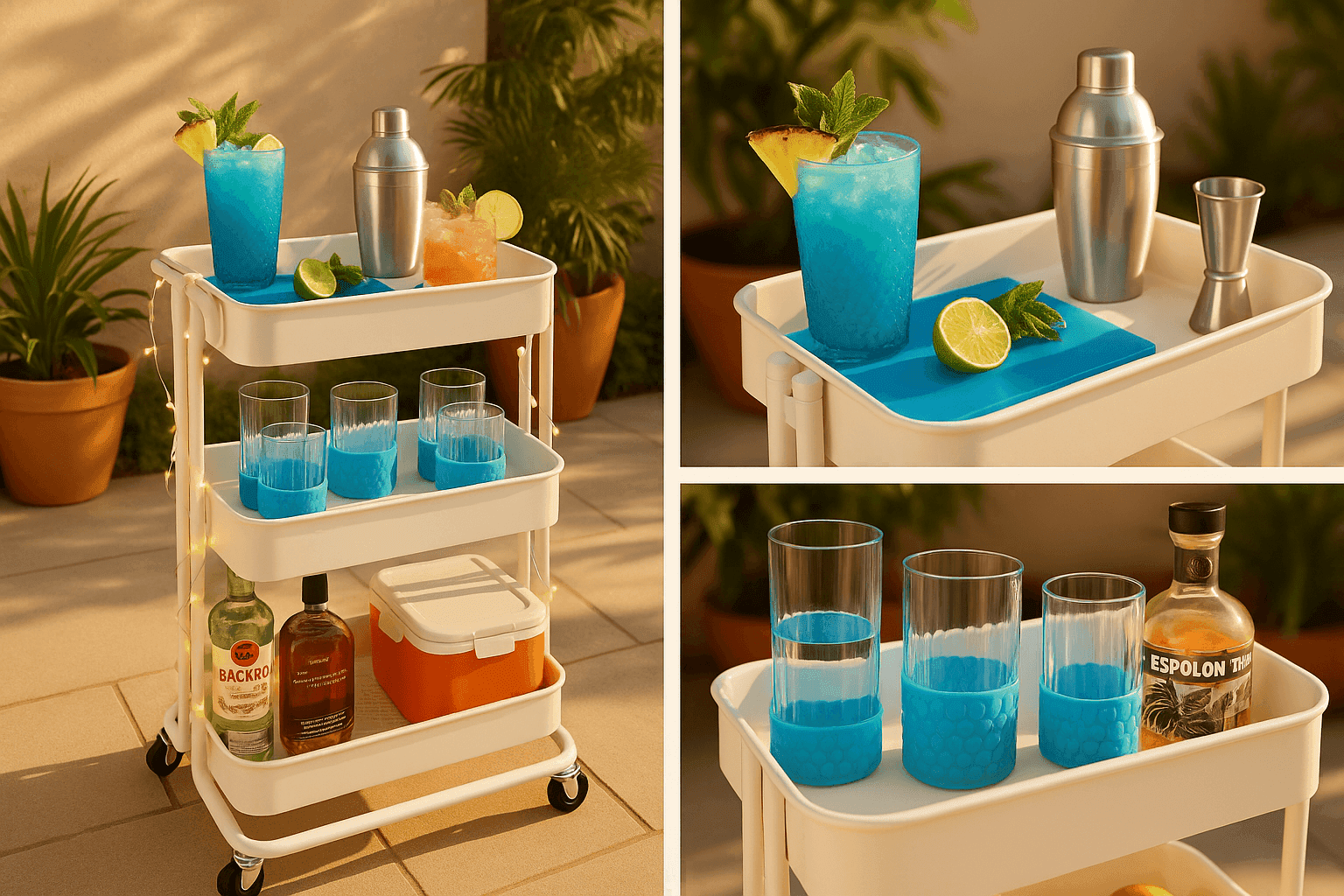 Stylish outdoor bar cart with summer cocktails, colorful glasses, and tropical decorations on a sunny patio