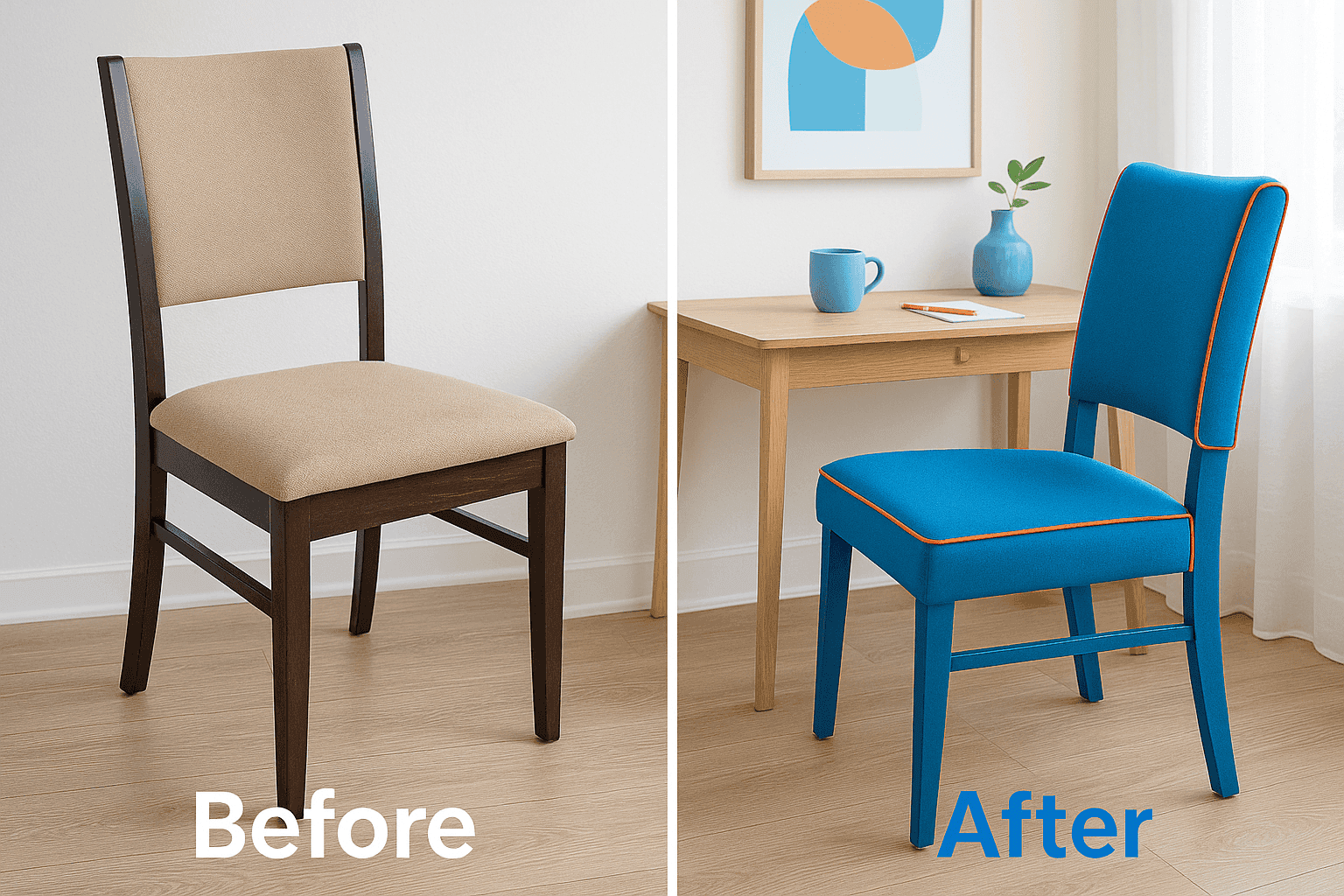 Before and after of reupholstered dining chair in blue fabric