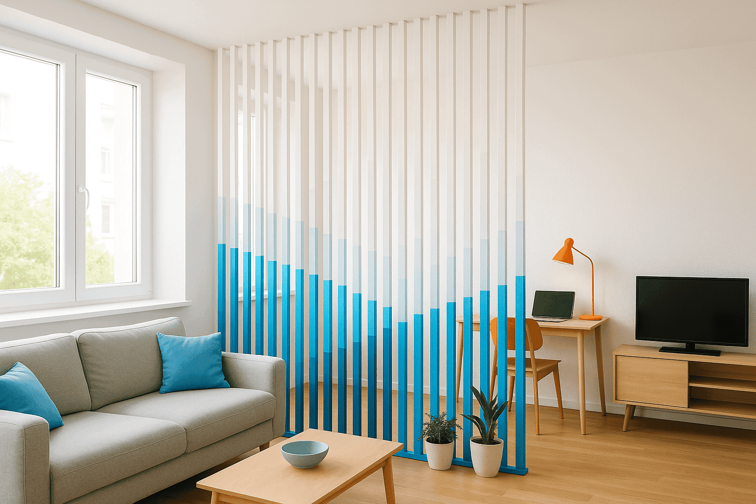 Open concept living space with stylish DIY room divider separating areas