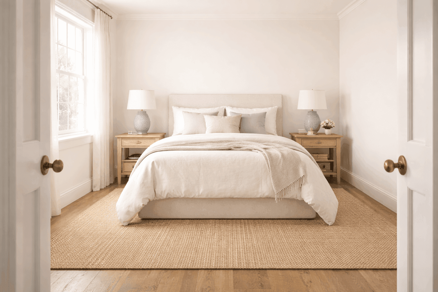 Bright bedroom refresh with new white bedding, rearranged furniture, gallery wall, and warm lamp lighting replacing harsh overhead light