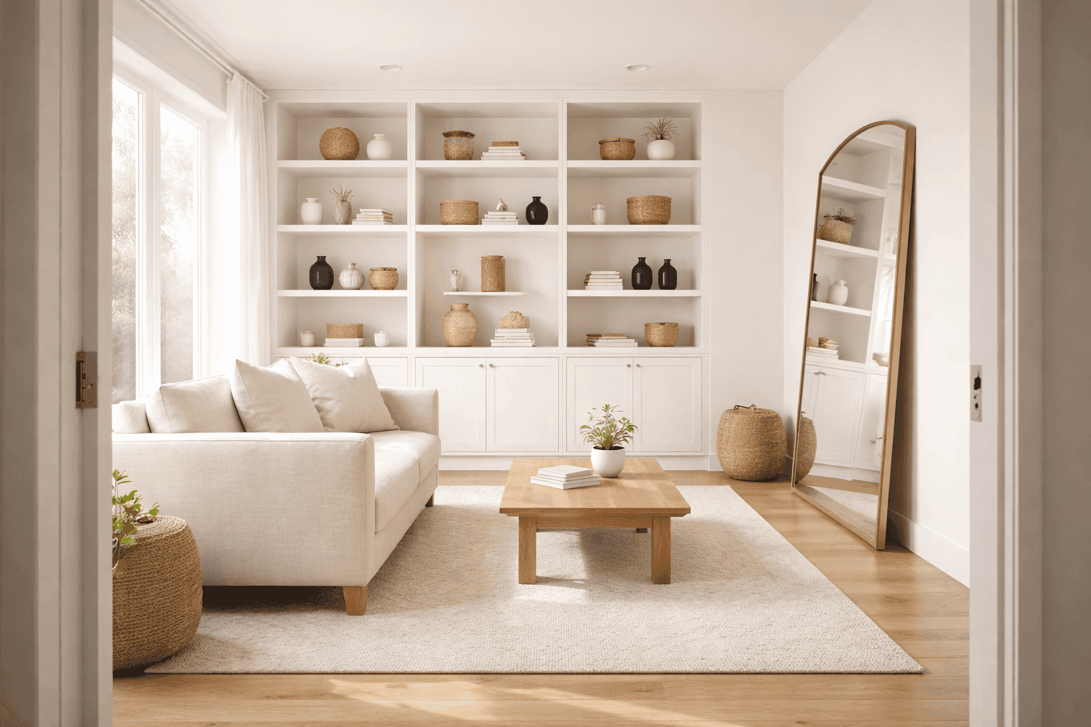 Small but well-organized living room with floor-to-ceiling built-in shelving, large mirror, and strategic warm lighting creating an illusion of spaciousness