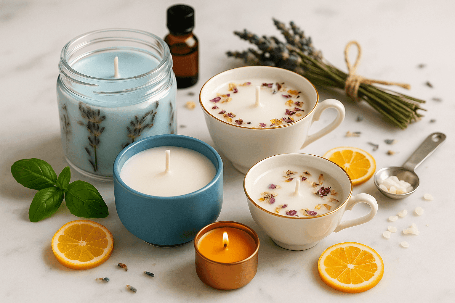 Beautiful handmade scented candles in decorative containers