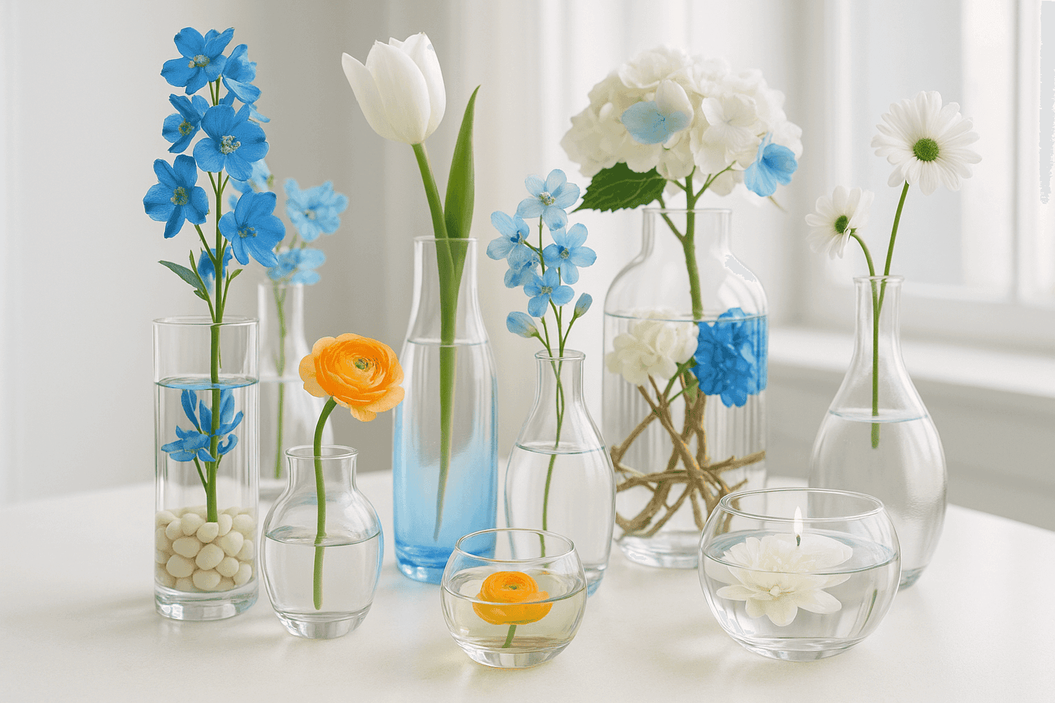 Beautifully styled collection of clear glass vases with spring floral arrangements