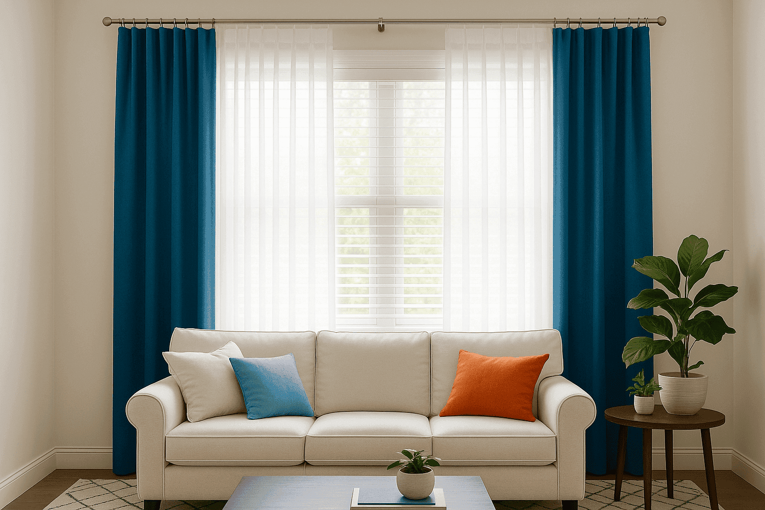 Bright room with modern window treatments showing before and after