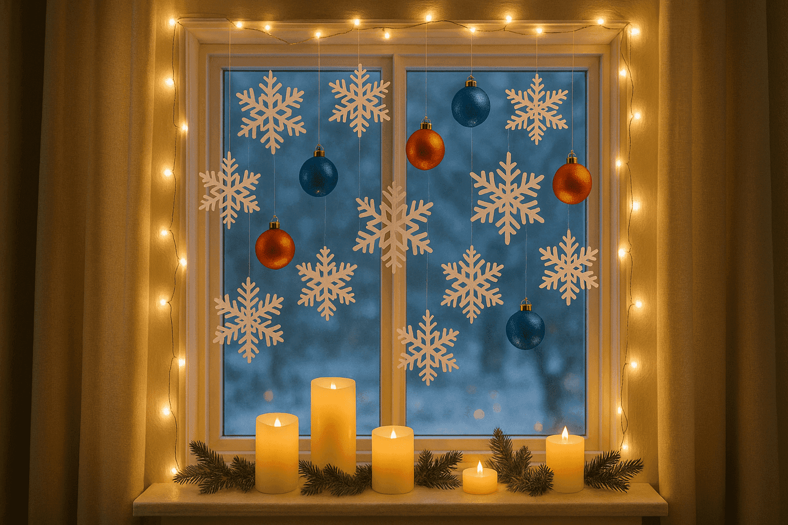 Beautifully decorated holiday window with snowflakes, lights, and hanging ornaments